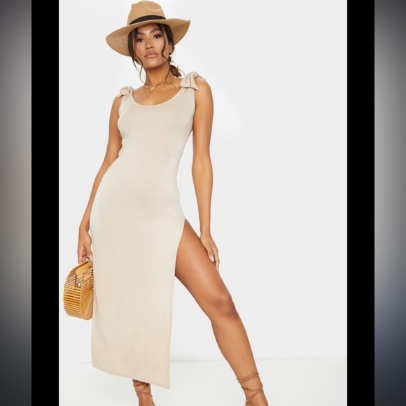 BNWT pretty little thing stone tie shoulder scoop neck jersey midi dress - Picture 1 of 6